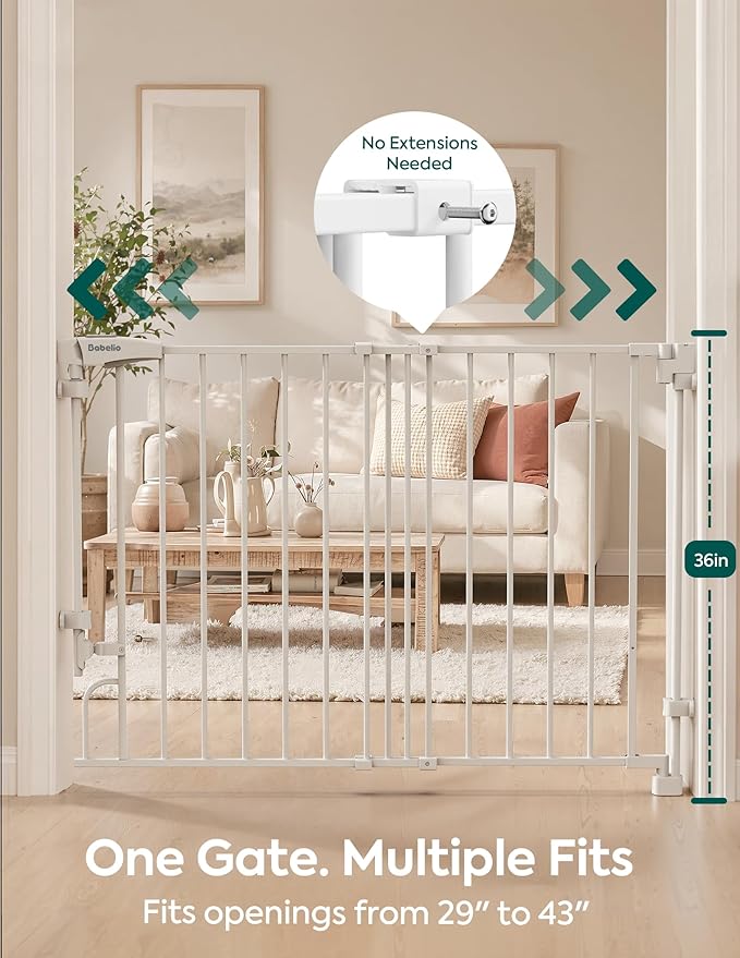 Babelio Removable & No Bottom Bar Baby Gate, 29-43" Hardware Mounted (Drill Needed)| Wide Walk-Thru| Auto-Close Safety Dog/Pet Gate for Stairs & Doorways (White, 29-43" W, 30" H)