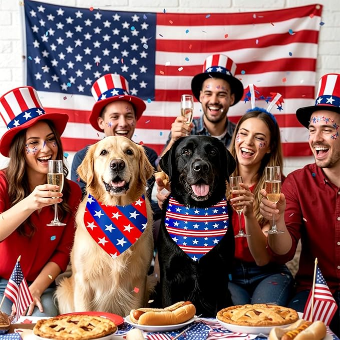 Weewooday 50 Pcs 4th of July Dog Bandanas Bulk for Patriotic American Striped Star Red White and Blue Independence Day Flag Scarf for Small Medium Large Outfit(Striped Star, 31.5 x 21.7 X21.7 Inch)