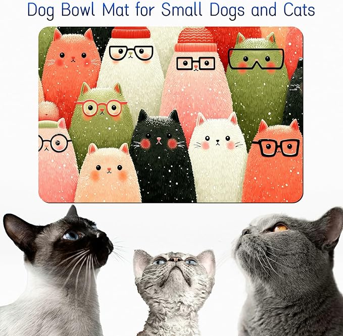Dog Food Mat, 15.7" x 23.6" Absorbent Pet Feeding Mat for Food and Water, Waterproof Diatom Mud Pet Placemat with Non-Slip Rubber Backing, Easy Clean Cat Bowl Mat for Floors - Glasses Kitten
