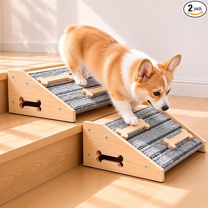 2-Pack Wooden Dog Ramp for Stairs - Natural Pine Wood Pet Step Ramp with Anti-Slip Bone Strips & Felt Padding, Stair Wedge for Small Medium Dogs, Indoor Home Safety Access for Injured Dogs
