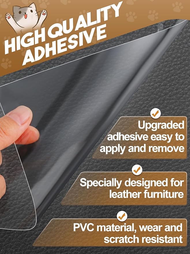 136x12in Cat Scratch Furniture Protector - Specially Designed for Leather Furniture, Transparent Cuttable Anti-Scratch Couch Protector, No Pins