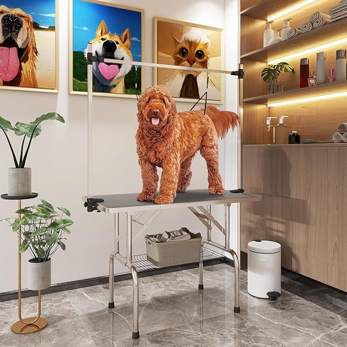 Pet Dog Grooming Table, Foldable Stainless Steel Pet Drying Grooming Table Up to 330lbs, Professional Bathing Desk for Dogs at Home with Adjustable Overhead Arms, Noose, Mesh Tray, 36''/Grey