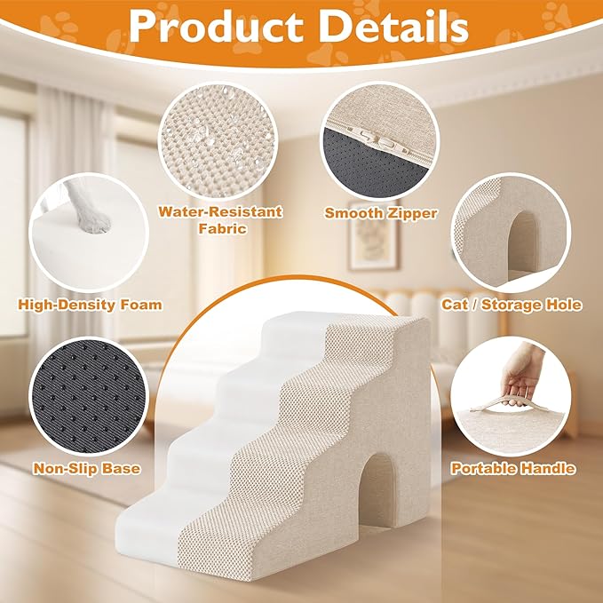 Dog Stairs for Bed 19.5’’ H, 4-Step Dog Steps for High Bed, Pet Stairs for Small Dogs and Cats to Get on Beds, Couch, Non-Slip Balanced Pet Steps and Ramp with Waterproof Cover and Tunnel, Beige