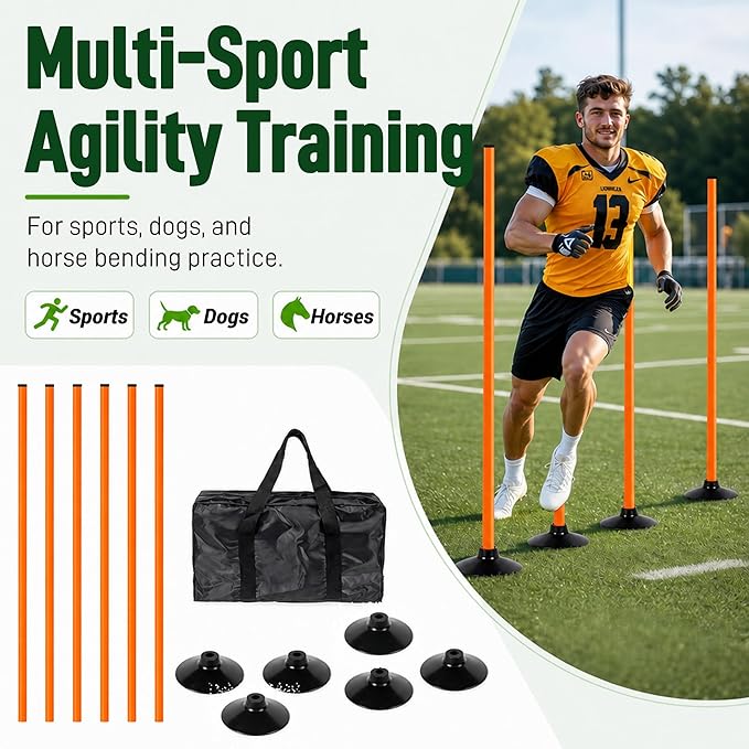 6 Pack Soccer Agility Training Poles, 5 FT Adjustable Speed and Agility Training Equipment for Football/Basketball/Dog Practice, Bending Poles for Horses with Rubber Bases and Carry Bag
