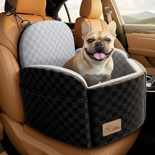 Dog Car Seat for Small/Medium Dogs, Elevated Dog Booster Seat with Memory Foam Cushion for Dogs Under 35lbs, Detachable Washable Pet Car Seats with Storage Pockets & 2 Safety Belts (Grey)