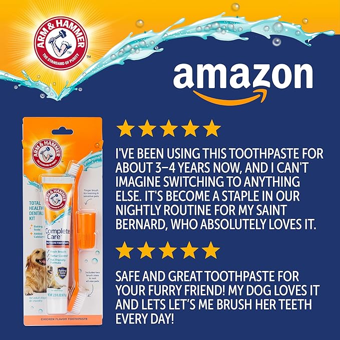 Arm & Hammer Complete Care Dog Dental Kit Enzymatic Toothpaste 2.5 OZ Chicken Flavor Toothbrush Finger Brush Tartar Baking Soda Formula
