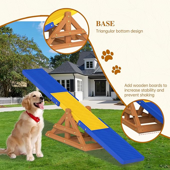 SuniBoxi 95" Wooden Dog Seesaw, Dogs Agility Course Backyard Set for Training and Exercise - Outdoor Big Dog Agility Equipment Practice See Saw