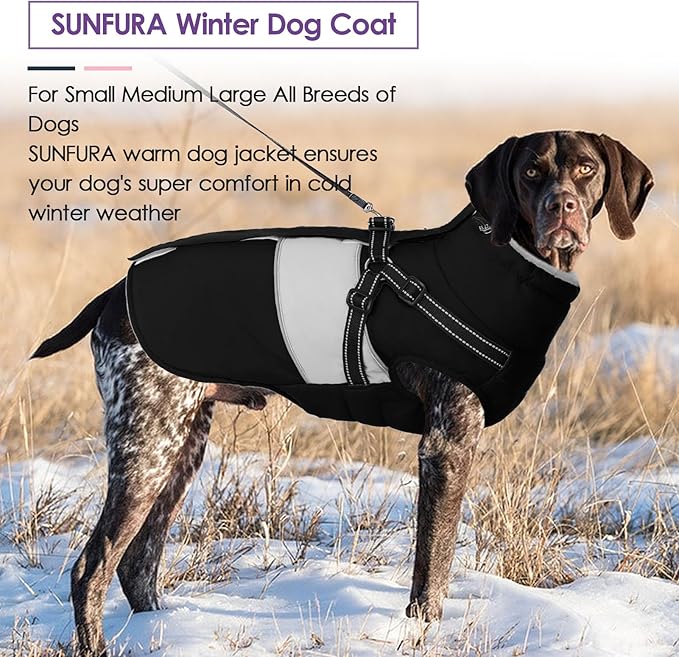 Dog Coat, XXL Dog Jacket Winter with Harness Built in, Waterproof Pet Snow Jacket with Furry Collar for Chilly Day, Reflective Fleece Snowsuit for Extra Large Dogs, Black 2XL