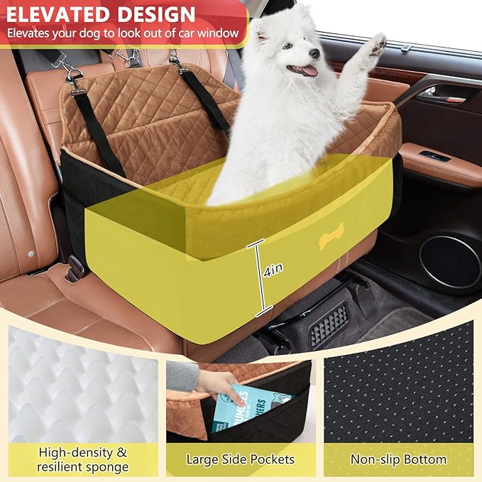 Dog Car Seat for Medium Large Dogs, Detachable Washable Pet Booster Seat with Memory Foam Cushion, Side Pockets, 2 Clip-On Safety Leashes Pet Car Seat for Dog Up to 60 lbs/2 Small Dogs-Brown