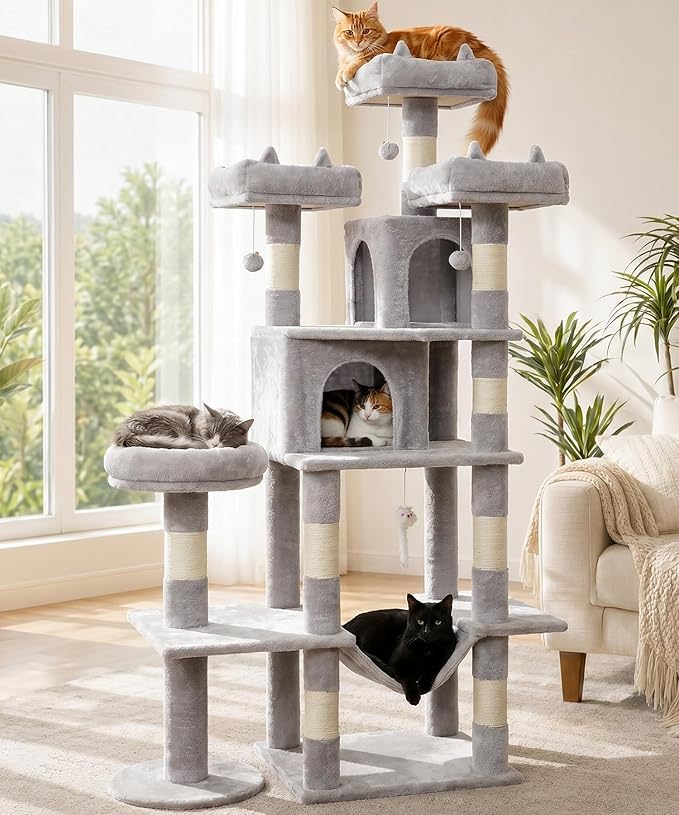Heavy Duty Cat Tree for Indoor Cat, 71 Inch Large Cat Tower with Scratching Post and Top Perch, Hammock, Big Cat Condo for Adult Cats Kittens, PMT03GY, Grey
