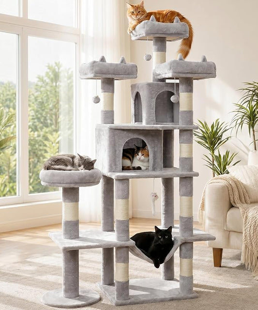 Heavy Duty Cat Tree for Indoor Cat, 71 Inch Large Cat Tower with Scratching Post and Top Perch, Hammock, Big Cat Condo for Adult Cats Kittens, PMT03GY, Grey