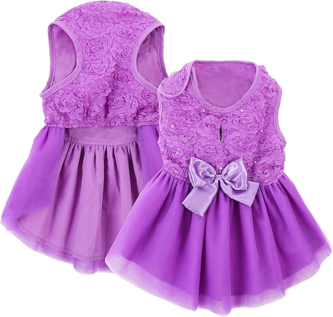 ASENKU Dog Dress Pet Wedding Dress Princess Lace Puppy Birthday Party Outfit Formal Apparel Girl for Small Medium Dogs Cats (Large, Purple)
