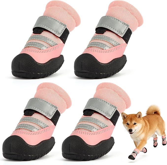 Dog Boots, Waterproof Dog Shoes with Reflective Straps, Rugged Anti-Slip Sole Paw Protectors for Medium Large Dogs, Breathable Pet Booties for Hot Pavement, Snow, Hiking, 4Pcs