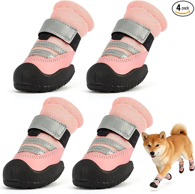 Dog Boots, Waterproof Dog Shoes with Reflective Straps, Rugged Anti-Slip Sole Paw Protectors for Medium Large Dogs, Breathable Pet Booties for Hot Pavement, Snow, Hiking, 4Pcs