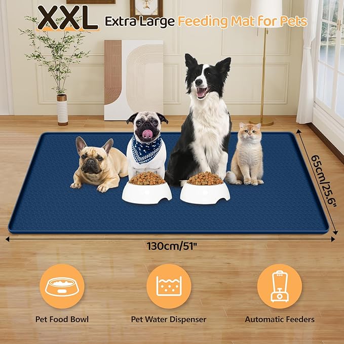 Dog Food Mat, Extra Large 51" x 25.6" Silicone Pet Feeding Mat with Raised Edge Pet Placemat for Small, Medium, and Large Pets Non-Slip, Easy to Clean (Navy Blue)