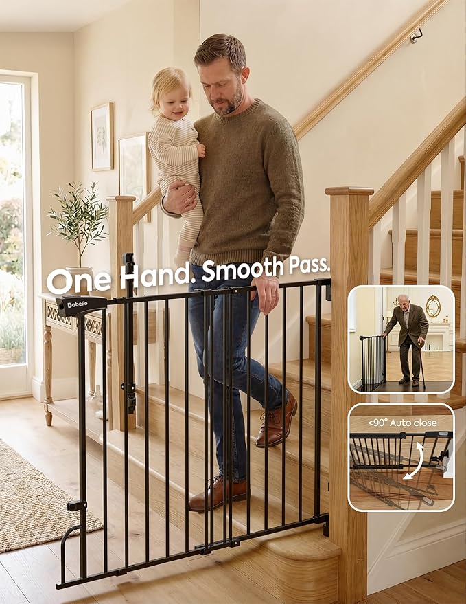 Babelio Removable & No Bottom Bar Baby Gate, 35.5-55" Hardware Mounted (Drill Needed)| Wide Walk-Thru| Auto-Close Safety Dog/Pet Gate for Stairs & Doorways (Black, 35.5-55" W, 30" H)