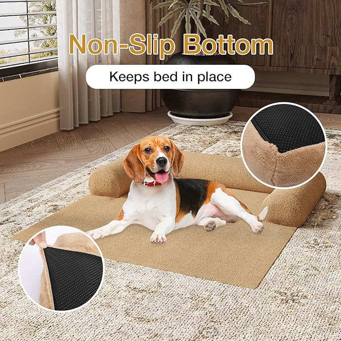 Orthopedic Dog Bed Mat for Large Dogs, Washable Sofa Protector Pet Bed with 3-Sided Bolster, Shredded Memory Foam & Plush Support, Non-Slip Bottom for Medium & Small Dogs (Tan)