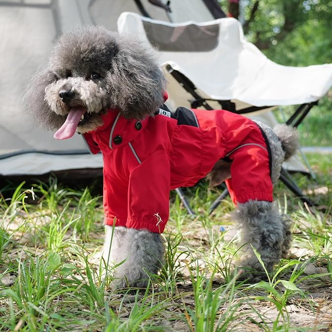 LOVELONGLONG Waterproof Dog Raincoat with Removable Hood – Outdoor Full Body Dog Jacket, Windproof Snowproof Shell Suit – All Season Pet Rain Gear Red S