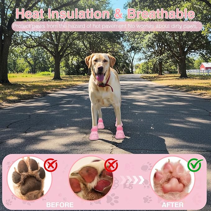 Dog Shoes for Hot Pavement and Snow - Waterproof, Non-Slip, Breathable Booties with Adjustable Straps for Small Medium, and Large Dogs (Pink, S)