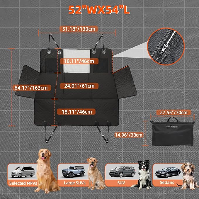 MIROZO Dog Car Seat Cover for Back Seat, 600D Heavy Duty Back Seat Extender for Dogs,Waterproof Pet Seat Protector with 3-Fold Bottom, Large Space Travel Bed Extender for Mid-Size SUV & Small Truck