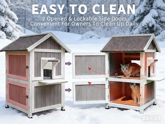 Rockever 100% Waterproof & Insulated Heated Cat House for Outdoor Cats, 2 Story Heated Cat House for Outside with Heating Pad, Elevated Outdoor Cat House, Feral Cat Shelter with Escape Door