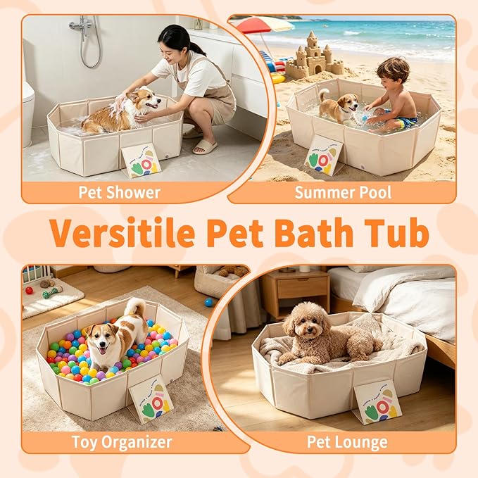 YUEPET Foldable Dog Bathtub,Portable Pet Bath ub with Drain Plug,Collapsible Wash Shower Basin with Non-Slip Base, Insulated Shower Pool for Small to Medium Dogs & Cats, Space-Saving for Travel（White）