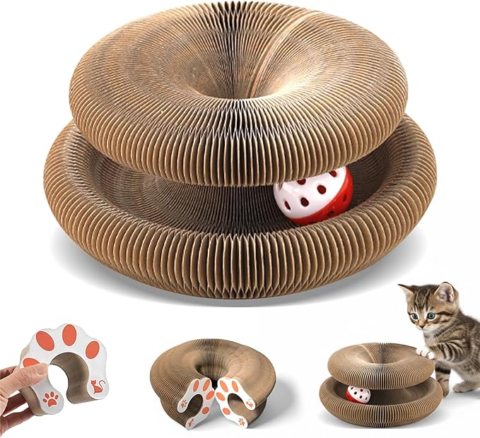 Kitty Curls Cat Scratcher Toy, Magic Organ Foldable Cat Scratching Board for Indoor Cats Reduce Boredom, Interactive Toys with Bells for Kitten Play Exercise Anxiety Relief (Brown, 1 Pack)