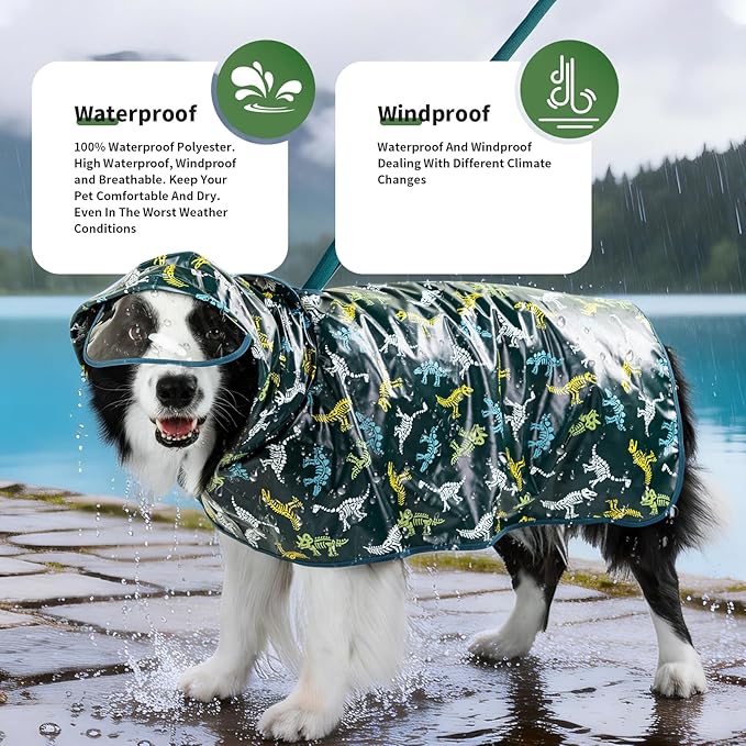 Dog Raincoat, Waterproof Windproof Dog Rain Jacket with Hood, Rain Coat with Leash Hole, Adjustable Raincoat Poncho for Small Medium Large Dogs Outdoor (Green, L)