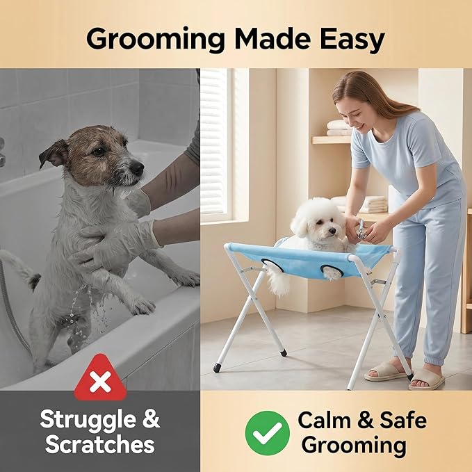 Foldable Pet Grooming Table, Dog Bathing Station with Stainless Steel Frame, Breathable Mesh Hammock for Small Dogs Cats, Portable Dog Grooming Stand for Bathing, Trimming, Nail Clipping (Blue)