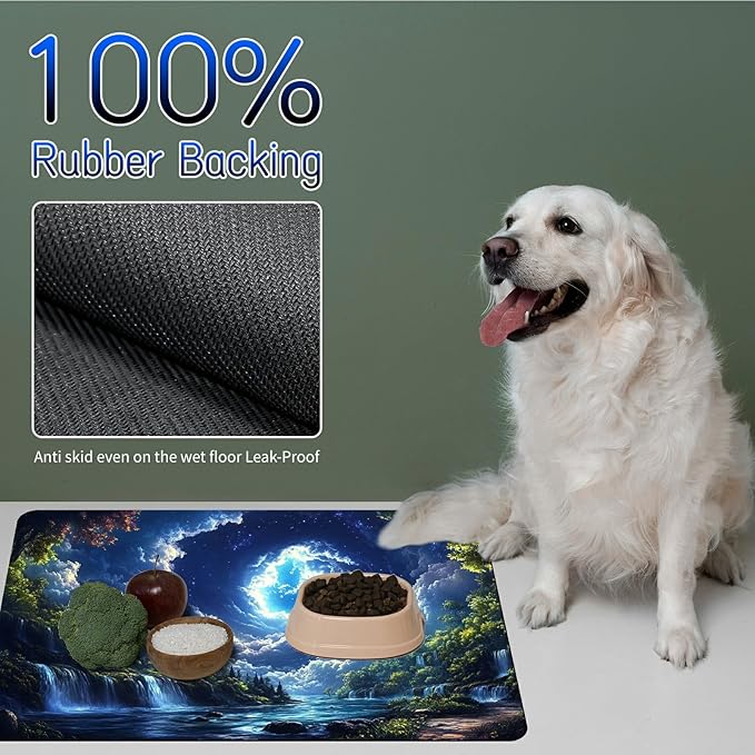 Dog Food Mat, 19.6" x 23.6" Absorbent Pet Feeding Mat for Food and Water, Waterproof Diatom Mud Pet Placemat with Non-Slip Rubber Backing, Easy Clean Cat Bowl Mat for Floors - Forest Sky