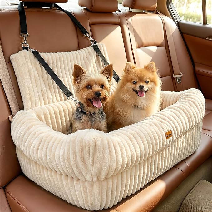 Pawaboo Dog Car Seat, Dog Booster Car Seats with Memory Foam, Thickened Cushion & Washable Removable Cover, Pet Travel Carseat Bed with Safety Leashes for Medium/Large Dogs or 2 Small Dogs, Beige