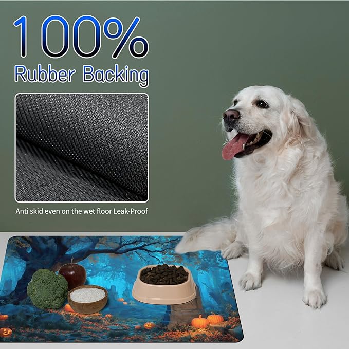 Dog Food Mat, 15.7" x 23.6" Absorbent Pet Feeding Mat for Food and Water, Waterproof Diatom Mud Pet Placemat with Non-Slip Rubber Backing, Cat Bowl Mat for Floors - Terrifying Forest