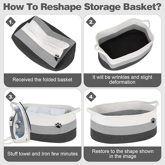 Optish Dog Toy Basket, Toy Storage Box and Bin with Handles, 19.7" X 11" X 7.9" (30L) Large Woven Rope Basket for Blankets, Living Room, Bedroom, White & Grey
