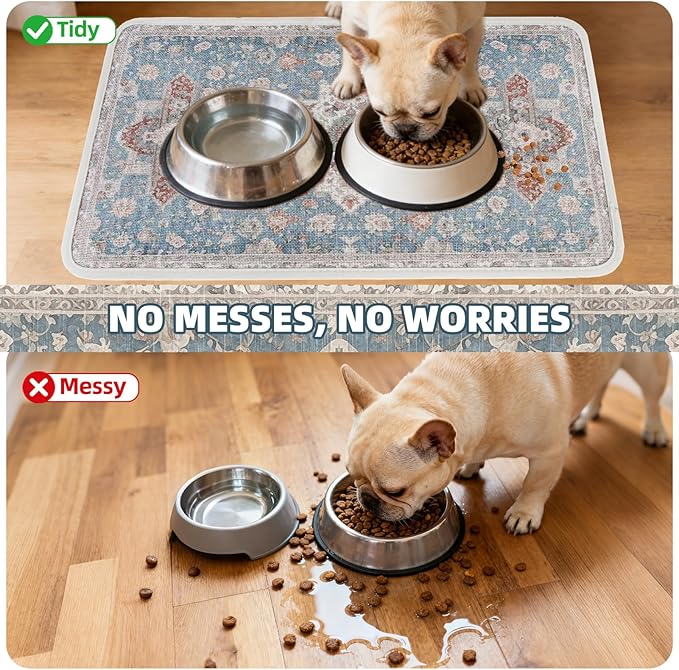 PUPTECK Dog Food Mat, Absorbent Pet Feeding Bowl Mat, Non-Slip Dog Mat for Food and Water, Quick Dry No Stains Cat Placemats Pet Supplies for Messy Drinkers, Blue 16"x24"