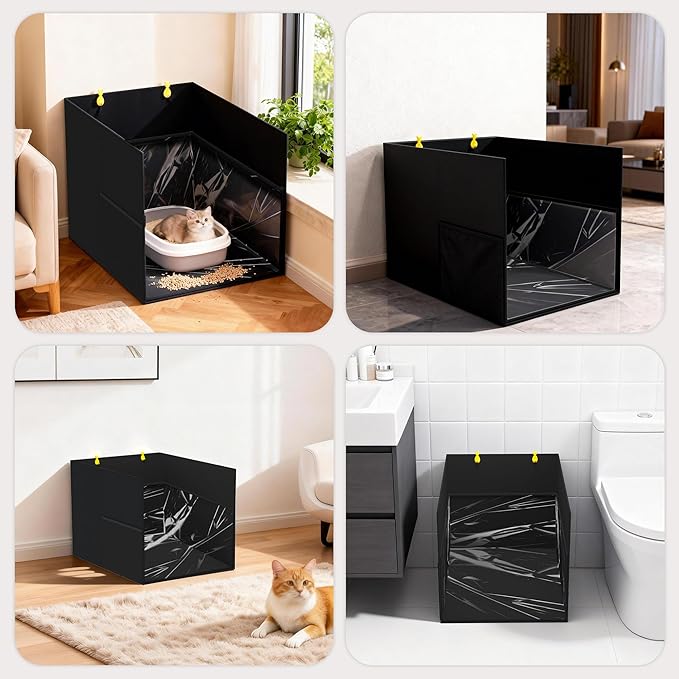 Aokeyee Black Waterproof Cat Litter Box Enclosure Splash Guard with Removable PVC Mat, Foldable Pet Litter Box Shield with 2 Hooks