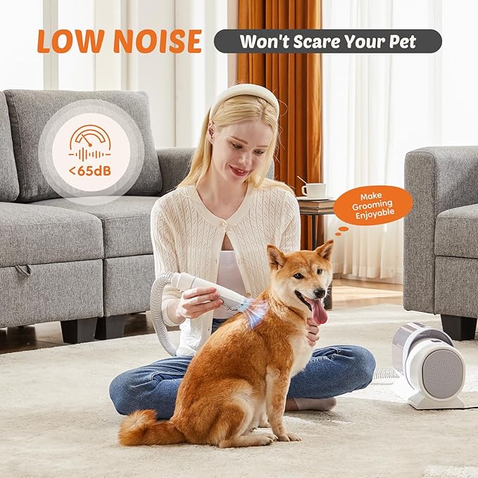 DUMOS Pet Grooming Vacuum Kit, 3 Adjustable Suction Modes Dog Clipper, 5 Professional Grooming Tools with Cordless Low Noise Cat Hair Clippers, 2.5L, Ivory