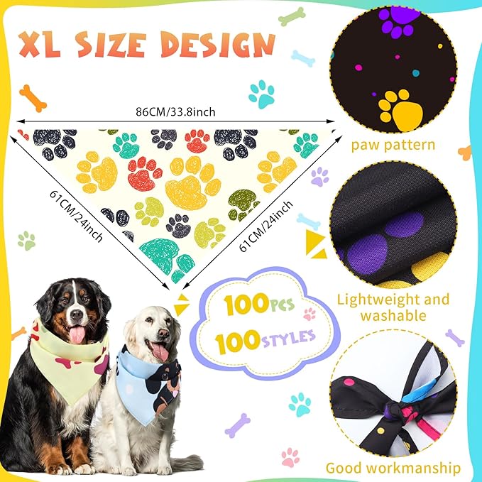 Huhumy 100 Pcs Paw Dog Bandanas Bulk Paw XL Pet Bandanas Colorful Triangle Pet Bibs Scarfs for Medium Large Dogs Spring Summer Birthday Holiday Costume Decoration