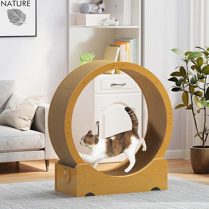 Wooden Cat Running Wheel, Pets Cat Exercise Wheel Mute Running Spinner Wheel, Toy Cat Scratch Double-Sided Corrugated Cardboard, Friendly Toy Furniture, Rotation Fitness Weight Loss Toys