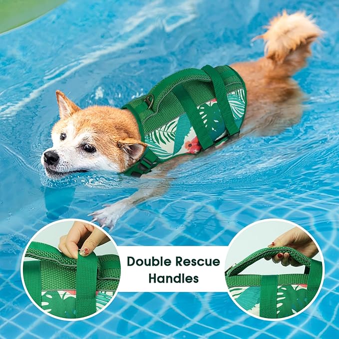Kuoser Dog Life Jacket Medium, High Flotation Reflective Dogs Life Vest for Swimming Boating, Adjustable Dog lifejacket with Rescue Handle, Safety Pet Life Preserver Floats for Spring Summer Pool, M