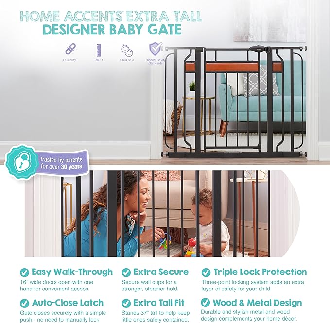 Regalo Safety 37" Extra Tall Baby Gate for Doorways & Bottom of Stairs, Wood Accent Pressure Mounted Gate with Door for Babies, Toddlers & Pets, Tested & Safe for 30 Years, American Designed and Owned
