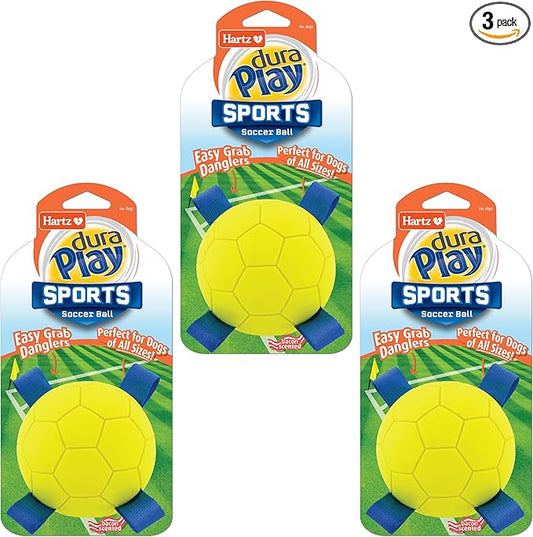 Hartz Dura Play Sports Soccer Dog Toy, Bacon Scented Squeaky Latex Yellow & Blue Toy, 3 Count
