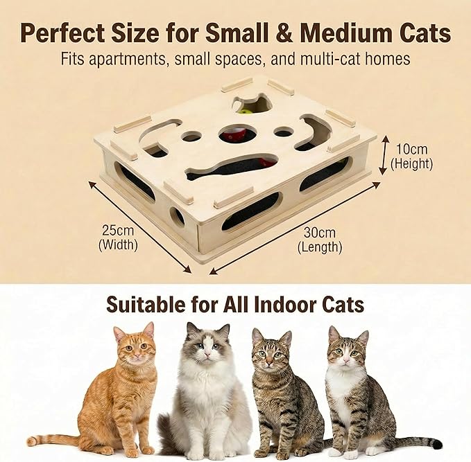 Cat Nail File Scratcher Box, Wooden Cat Scratch Puzzle Enrichment Box with Replaceable Sandpaper Inserts, Interactive Indoor Cat Nail File Toy for Small & Medium Cat