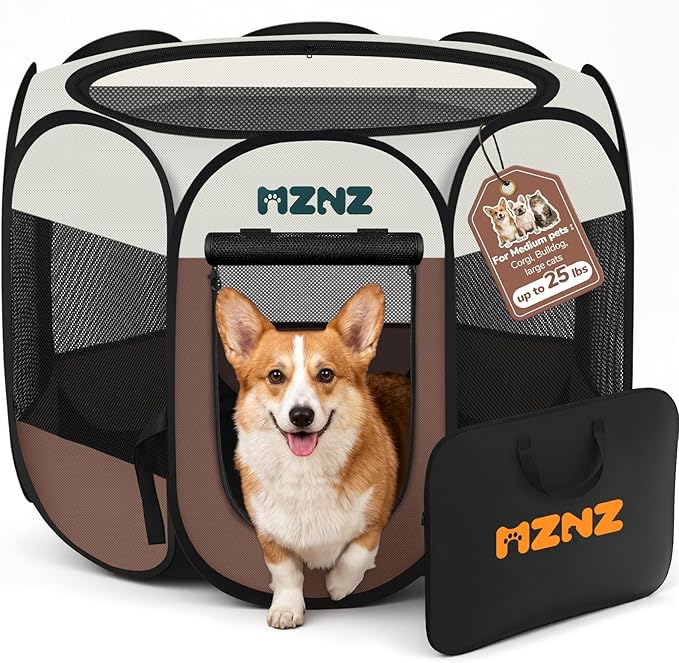 Dog Playpen, Portable Puppy Pet Crate Indoors for Small/Medium Dogs Cats Rabbits, Foldable Dog Cage Enclosure for Outdoor, Pop Up Dogs Tent Kennel with Carrying Case, Brown