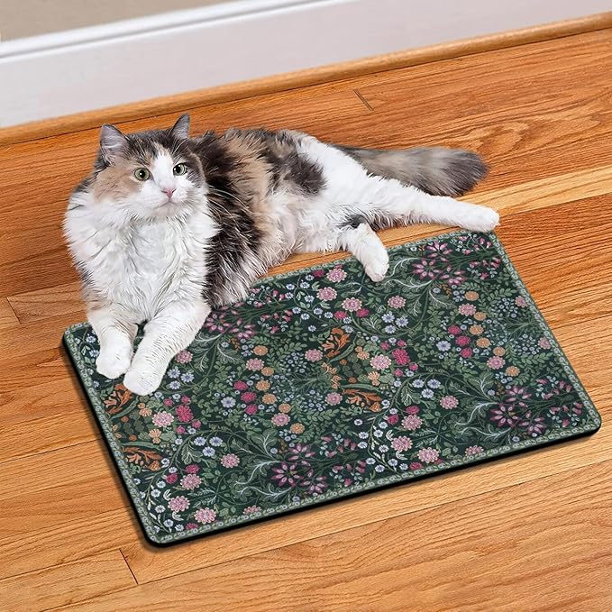 Floral Dog Food & Water Mat, Boho Vintage Pet Feeding Mat for Floor Non-Slip Waterproof, Super Absorbent Cat Bowl Mat, Easy to Clean Durable Pet Placemat,16" × 24"