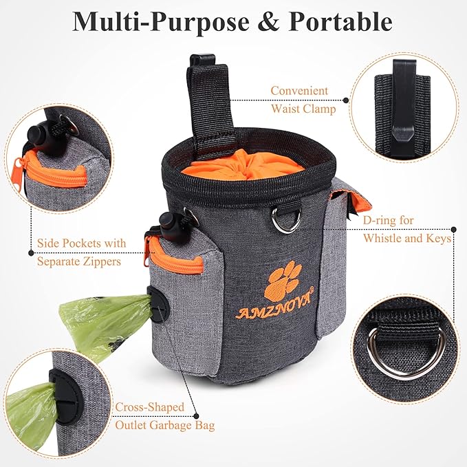 AMZNOVA Dog Treat Bag Treatnow Dog Treat Pouch, Training Pouch with Waist Belt & Clicker for Training & Walking, Waist Clip On Snack Fanny Pack for Pet, 3Cups, Heather Black