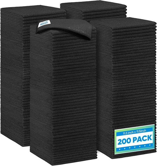 HOMEXCEL Black Microfiber Cleaning Cloth 200 Pack, 11.5 x 11.5 inch Bulk Shop Towels | Reusable Cleaning Rags for Cars, Kitchen, Window, Garage and House, Ultra Absorbent, Lint Free, Streak Free