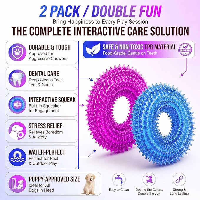 ADUCK Dog Squeaky Chew Toys for Aggressive Chewers, Small Medium Large Dogs Teeth Cleaning Soft Natural Rubber Float Toy for Indoor Outdoor Water Pool, Donut Ring Design 4.92 inch, Blue Purple