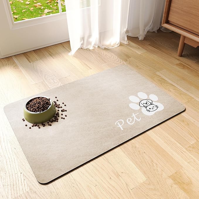 Dog Cat Feeding Mat-Absorbent Pet Bowl Mat for Food and Water, Quick Dry Water Dispenser Mat for Floors with Waterproof Rubber Backing, Puppy Cat Placemat Mats for Messy Drinkers,12"x20",Taupe