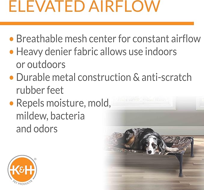 K&H Outdoor Elevated Dog Bed - Cooling Raised Dog Bed for Small & Medium Pets, Breathable Mesh Center Hammock Design, Indoor/Outdoor Washable Cover, Portable Metal Frame, Camo, Medium 32x25in