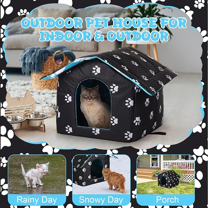 Outdoor Waterproof Cat House Stray Pet Outdoor Houses for Feral Shelter for Cats Dog Collapsible Pet Shelter with Self Warming Pad Blanket, 3 Pcs Tent Stakes(S Size)
